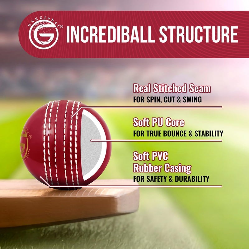 ONEGlobal Soft Rubber Cricket Ball for Practice | Outdoor & Indoor Practice Cricket Ball with Core & Stitched Seam | Realistic Feel, True Bounce & Swing for Practice, Honing Skills & Family Fun - Image 4